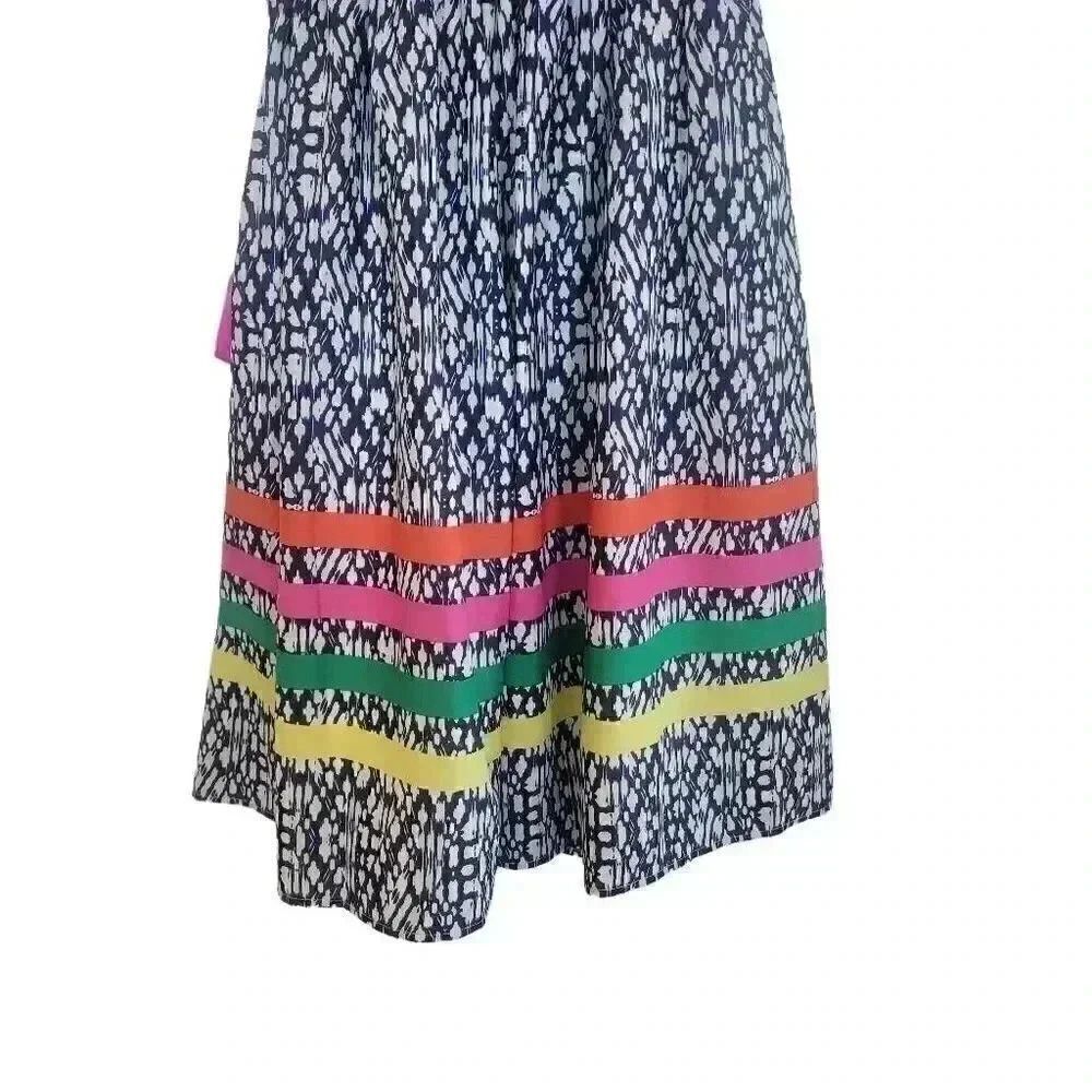Eliza J Women's Navy & White Poly Print Colorful Striped Ribbons Pink Sash Sleev - Picture 11 of 14